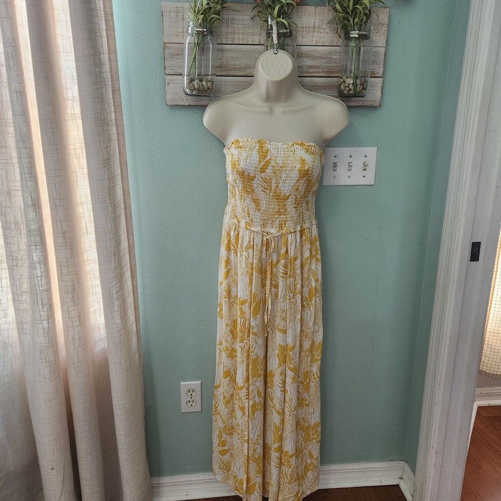 Yellow and White Strapless Bohemian Jumpsuit